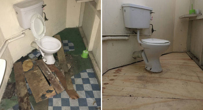 The restroom before and after the repairs. (iWN photos)