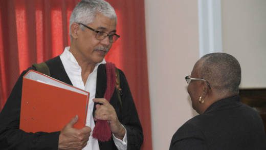 Senior Counsel Douglas Mendes, left, chats with Supervisor of Elections, Sylvia Findlay-Scrubb after Tuesday's court proceedings. (iWN photo)