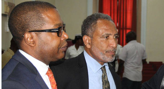 Opposition Leader, Dr. Godwin Friday, right, and petitioner, Ben Exeter after last week's court hearing. (iWN photo)