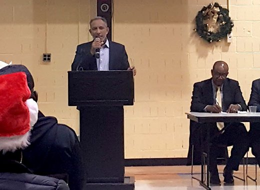 Opposition Leader, Dr. Godwin Friday speaks at the town hall meeting in New York. (Photo: Facebook)