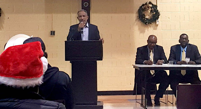 Opposition Leader, Dr. Godwin Friday speaks at the town hall meeting in New York. (Photo: Facebook)