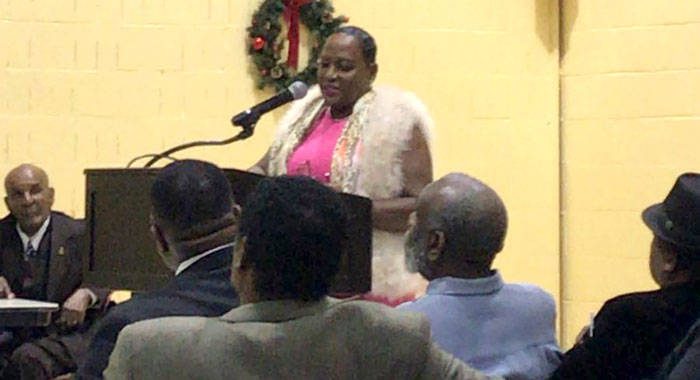 Opposition senator, Kay Bacchus-Baptiste speaks at the town hall meeting in New York on Sunday. (Facebook photo)