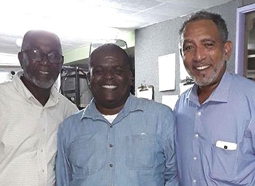 From left: NDP Vice-presidents, St. Clair Leacock and Patel Matthews, and party leader, Godwin Friday at NICE Radio on Tuesday. (iWN photo)