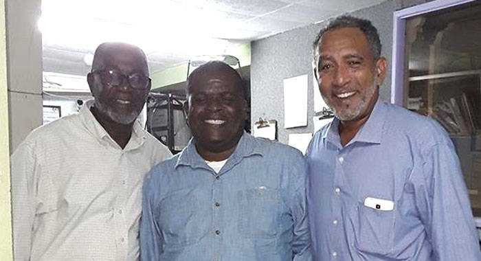 From left: NDP Vice-presidents, St. Clair Leacock and Patel Matthews, and party leader, Godwin Friday at NICE Radio on Tuesday. (iWN photo)