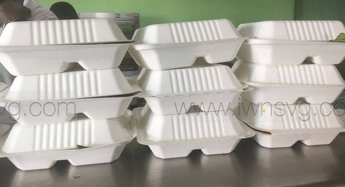 Meals packaged in biodegradable containers at a restaurant in Kingstown on Wednesday. (iWN photo)
