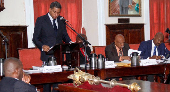 Minister of Finance Camillo Gonsalves in Parliament as he presented the Estimates on Monday. (iWN photo)