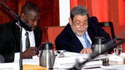 Prime Minister Ralph Gonsalves, right, and Attorney General Jaundy Martin in Parliament on in January 2018. (iWN photo)