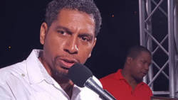 Minister of Finance, Camillo Gonsalves speaking at the rally Saturday night. (Photo: Lance Neverson/Facebook)