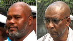 The accused, Derville Thomas, left, and Learie Johnson outside the Serious Offences Court in Kingstown on last week Monday, Feb. 19, 2018. (iWN photos)