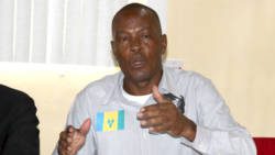 Otto Sam speaking at the SVG Teachers' Union press conference in Kingstown on Monday. (iWN photo)