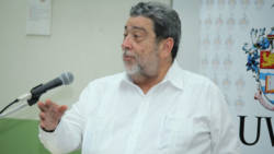 Prime Minister Dr. Ralph Gonsalves delivering the lecture in Barbados. (Photo: Barbados TODAY)