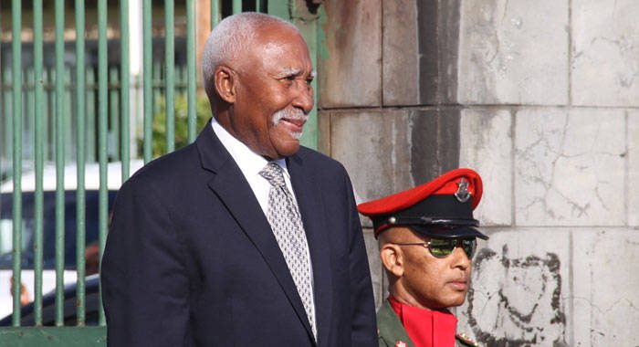 Governor General Sir Frederick Ballantyne is saluted outside Parliament on Monday. (iWN photo)