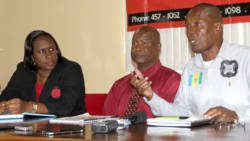 From left: Teachers union spokesperson, Wendy Bynoe, President, Oswald Robinson, and Industrial Relations Officer, Otto Sam at the press conference on Monday. (iWN photo)