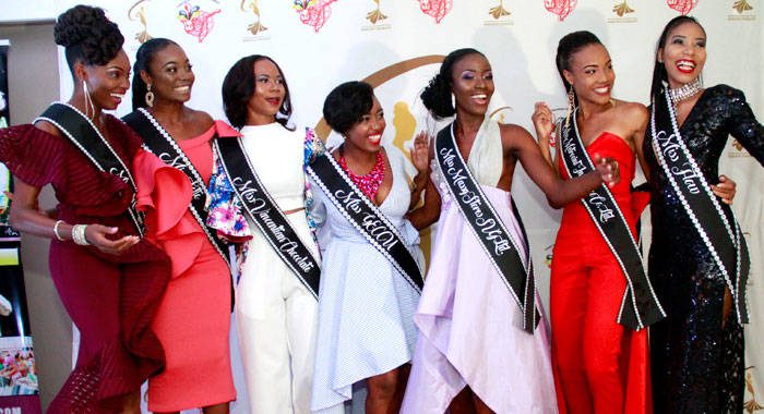 The Miss SVG 2018 contestant at their sashing in Villa Saturday night. From left: Criscione Morgan -- Miss Mustique Co. Ltd., Shellisa Nanton -- Miss Lotto, Cameisha Foster -- Miss Vincentian Chocolate, Azanie Lavia  Miss GECCU, Morrissia Williams -- Miss Massy Stores SVG Ltd., Nazira Graham -- Miss Metrocint General Insurance Co. Ltd., Solange Fernandez -- Miss FLOW. (iWN photo) 