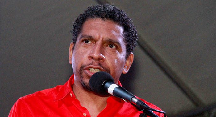 Member of Parliament for East St. George, Camillo Gonsalves, speaking at Sunday's rally. (iWN photo)
