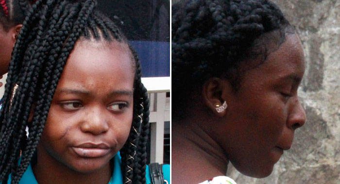 The virtual complainant, Sakaina John, left, and the accused, Chantae James outside the Serious Offences Court in Kingstown last Monday. (iWN photo)