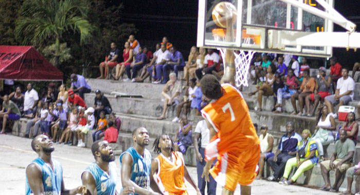 Action on opening day of this year's Bequia Basketball Tournament, last Saturday. (Photo: BBA)