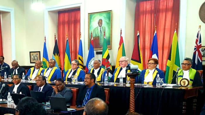 Judges of the CCJ along with the Chief Justices of Jamaica and the Eastern Caribbean Supreme Court during a ceremonial sitting in St Vincent and the Grenadines in July 2018. 