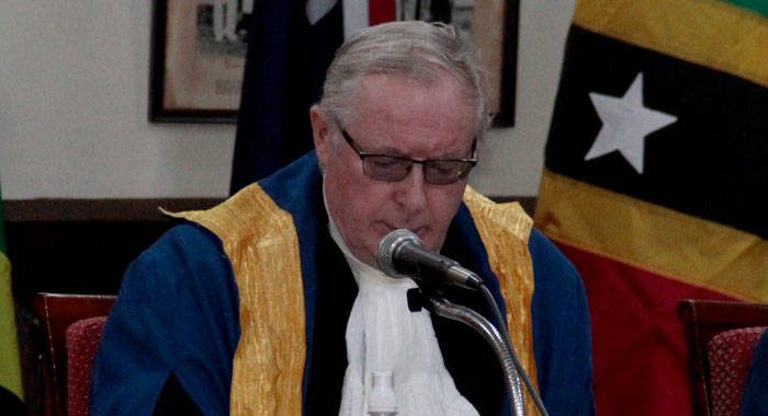 UK-born judge, Justice David Hayton, speaking at the ceremonial sitting of the Caribbean Court of Justice in Kingstown last Friday. Opposition senator Kay Bacchus-Baptiste said some of the judge's comments were an "insult". (iWN photo)