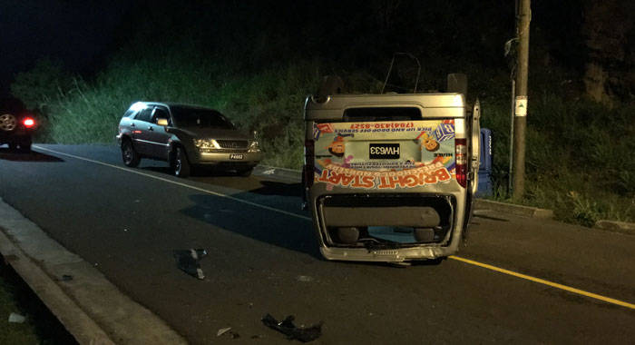 The van overturned in the road in Chauncey Friday night. (iWN photo)