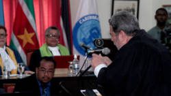 Prime Minister Dr. Ralph Gonsalves addresses the historic sitting of the CCJ in Kingstown on Friday. (iWN photo)