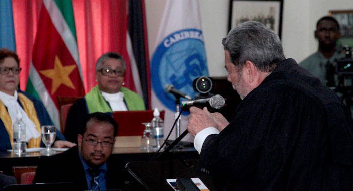 Prime Minister Dr. Ralph Gonsalves addresses the historic sitting of the CCJ in Kingstown on Friday. (iWN photo)