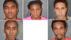 The accused burglars. Clockwise from top left: Anthony Williams, Deneka Alexander, Ridge Davis, Ivin Durrant, and Juenaldo Hamilton.