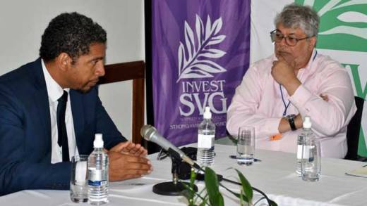 Minister of Finance and Economic Development, Camillo Gonsalves, left, and Uday Nayak of Kayan Holdings at Saturday’s signing at Argyle International Airport last Saturday. (Photo: Lance Neverson/Facebook)