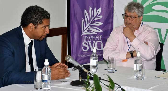 Minister of Finance and Economic Development, Camillo Gonsalves, left, and Uday Nayak of Kayan Holdings at Saturday’s signing at Argyle International Airport last Saturday. (Photo: Lance Neverson/Facebook)