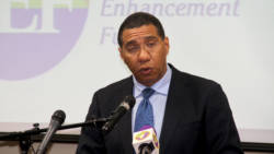 Prime Minsiter of Jamaica Andrew Holness peaks at the summit in Kingston on Thursday. 