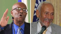 Arnhim Eustace, left, and the late Sir James Mitchell, both former prime ministers and former presidents of the New Democratic Party. (iWN file photo)