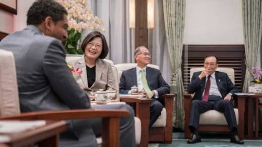 SVG's Minister of Finance, Camillo Gonsalves, left, in conversation with Taiwan President, Tsai Ing-wen and other Taiwan officials in Taipei last month.