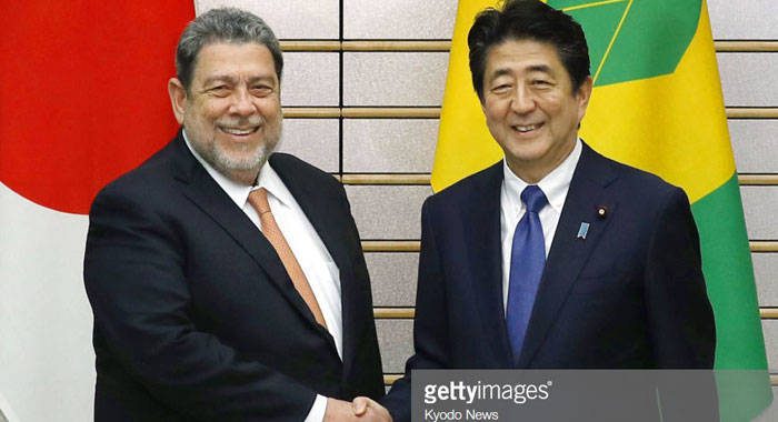 Prime Minister of St. Vincent and the Grenadines, Ralph Gonsalves, left, and his Japan counterpart, Shinzo Abe, held talk in August. It was not clear is SVG’s UN Security Council bid was among the topics they discussed.