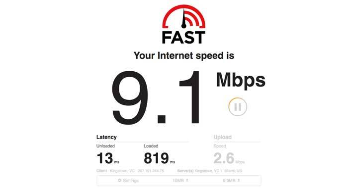 The internet speed on a computer powered by Flow's broadband as registered in Rillan Hill at 8:33 p.m. on Wednesday, Oct. 3, 2018. (iWN image)