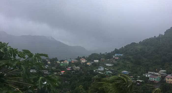 Heavy clouds over Rillan Hill and other Buccament Valley communities as rain continued Wednesday morning. (iWN photo)