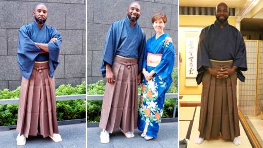 Kenton X. Chance, executive editor of iWitness News, is photographed along with Dawn Matus, assistant programme co-ordinator, after donning their kimono. (Photos: Floyd K. Takeuchi/Waka Photos, and   Ongerung Kambes Kesolei)