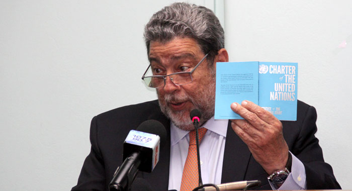 Ralph Gonsalves with UN Charter