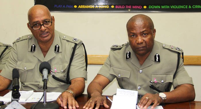 Assistant Commissioner in charge of crime, Richard Browne, left, and acting Commissioner of Police, Colin John at Wednesday's event. (iWN photo)