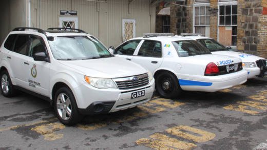 The donated police vehicles at the Central Police Station in Kingstown last Friday. (iWN)