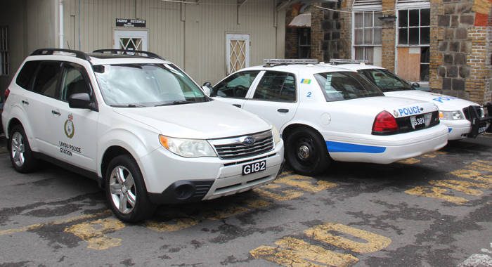 The donated police vehicles at the Central Police Station in Kingstown last Friday. (iWN)