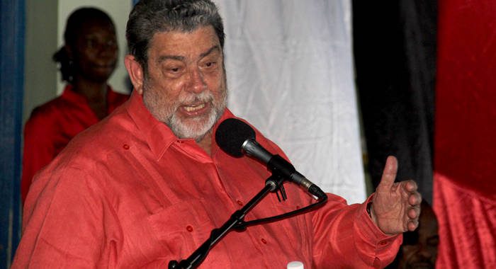Prime Minister Ralph Gonsalves speaks at the ULP's convention last Sunday. (iWN photo)