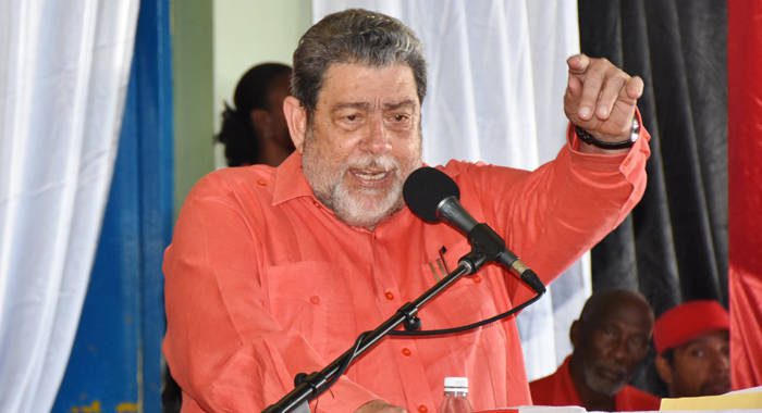 Prime Minister Ralph Gonsalves speaking at the ULP's convention earlier this month. (Photo: Lance Neverson/Facebook)