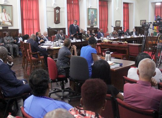 Minister of Finance Camillo Gonsalves presenting the 2019 Budget to Parliament on Monday. (iWN photo)