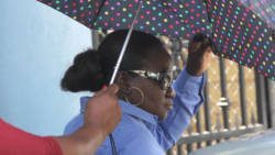 Julia Phillips uses and umbrella to try to hide herself as she leaves the Kingstown Magistrate's Court on Wednesday. (iWN photo)