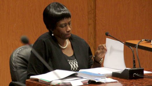 Kathleen Jeffers, of Barrouallie, was the presiding officer at CLA 1, looks over a document during a break in her cross examination on Monday. (iWN photo)
