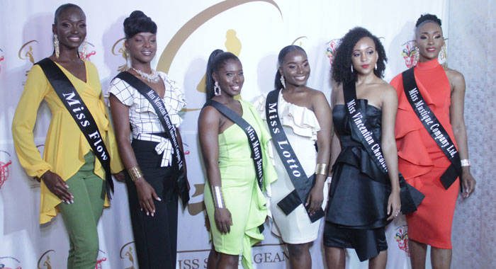 The Miss SVG 2019 contestants. From left: Miss Flow, Sonia Delecia, Miss Metrocint General Insurance Co. Ltd. Silvorn Lavia, Miss Massy Stores (SVG) Ltd.; Felica Thomas, Miss Lotto Kircia Modeste, Miss Vincentian Chocolate, Megan Greaves, Miss Mustique Co. Ltd. Sharikah Rodney. (iWN photo) 