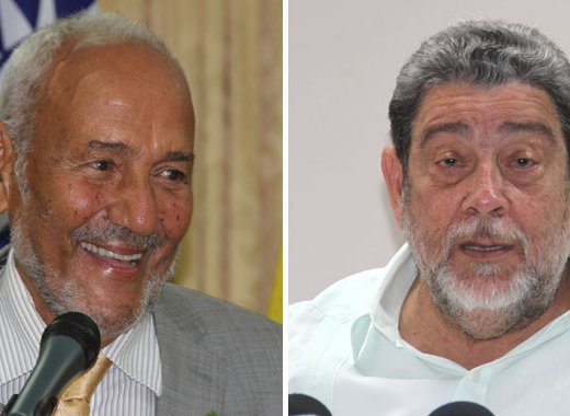 Former Prime Minister Sir James Mitchell, left, and Prime Minister Ralph Gonsalves. (iWN file photos)