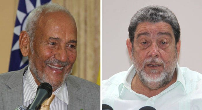 Former Prime Minister Sir James Mitchell, left, and Prime Minister Ralph Gonsalves. (iWN file photos)