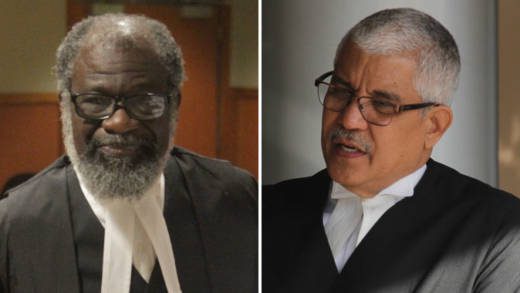 Lead counsel for the petitioners, Stanley "Stalky" John, QC, left, and Senior Counsel Douglas Mendes, right, lead counsel for the respondents. (iWN photo)