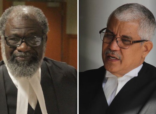 Lead counsel for the petitioners, Stanley "Stalky" John, QC, left, and Senior Counsel Douglas Mendes, right, lead counsel for the respondents. (iWN photo)